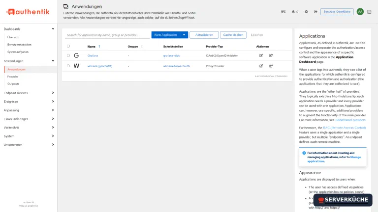 Zwei Anwendungen, zwei Wege: OIDC-Anbieter und Proxy Provider Die Anwendungsliste in Authentik mit zwei Einträgen: Grafana über einen OAuth2/OpenID-Anbieter und whoami über einen Proxy Provider