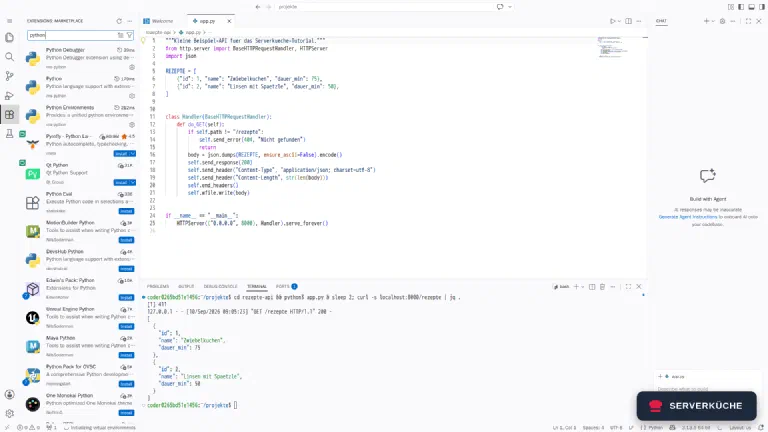 Der Open-VSX-Marktplatz – die meisten großen Erweiterungen sind da, ein paar fehlen Die Erweiterungsansicht in code-server mit Suchergebnissen für „python" aus dem Open-VSX-Marktplatz.