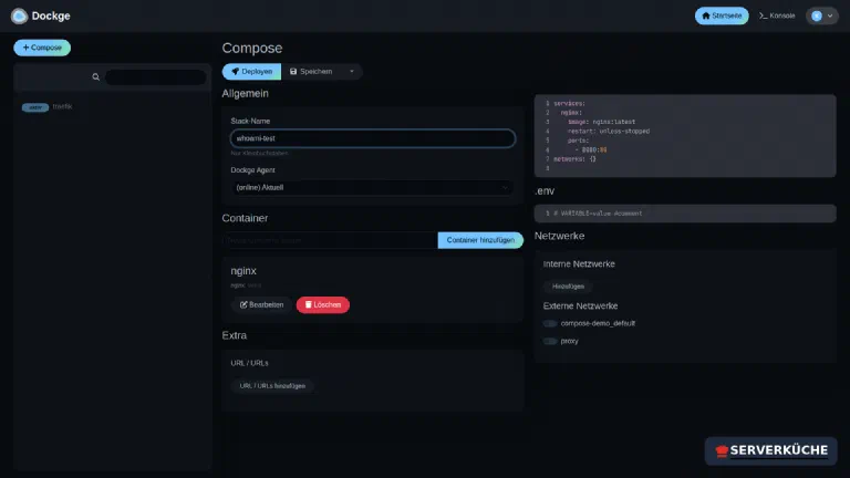 Der Dockge-Compose-Editor mit Feld für den Stack-Namen, Container-Formular und dem YAML-Editor daneben