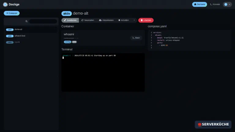Ein übernommener Stack in Dockge mit den Schaltflächen Bearbeiten, Neustarten, Aktualisieren, Anhalten und Löschen sowie Live-Logs des Containers