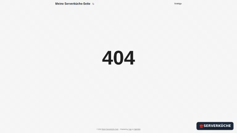 Hugos gestaltete 404-Seite im PaperMod-Look statt der nginx-Standardseite