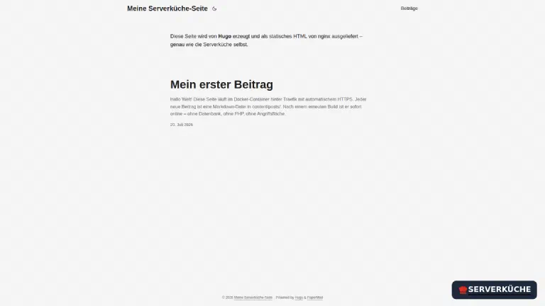 Die von Hugo erzeugte Startseite mit dem PaperMod-Theme unter der eigenen HTTPS-Domain