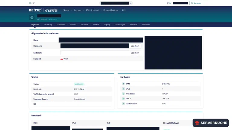 Server-Übersicht im netcup SCP – der Reiter Bildschirm ist die VNC-Konsole Die Server-Übersicht im netcup Server Control Panel: Reiter u. a. „Bildschirm" (VNC-Konsole), Status mit Snapshot-Kontingent und die Hardware-Ausstattung