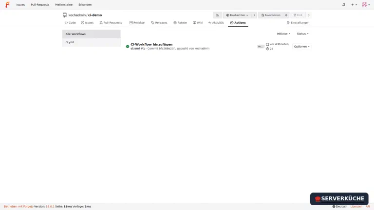 Der Actions-Reiter: der Workflow-Lauf ist grün. Der Actions-Reiter eines Repositories mit einem erfolgreich durchgelaufenen CI-Workflow.