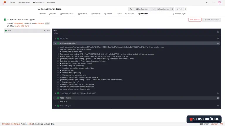 Job-Detailansicht: alle Schritte grün, mit vollständigen Logs. Die Detailansicht eines Forgejo-Actions-Jobs mit aufgeklappten Schritt-Logs.