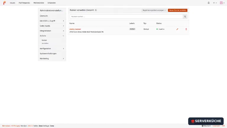 Site-Administration → Actions → Runner: hier holst du den Token und siehst später den Runner-Status. Die Runner-Verwaltung in den Administrator-Einstellungen von Forgejo mit dem registrierten Runner.