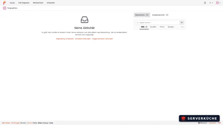 Das Dashboard nach dem ersten Login. Forgejo-Dashboard direkt nach der Ersteinrichtung – noch ohne Repositories.
