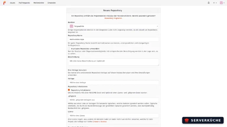 Ein neues Repository anlegen. Formular „Neues Repository" in Forgejo mit Namensfeld und Initialisierungs-Option.