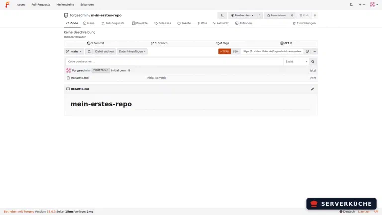 Die Klon-URL gibt es wahlweise für HTTPS oder SSH. Repository-Ansicht in Forgejo mit README und dem HTTPS/SSH-Umschalter für die Klon-URL.