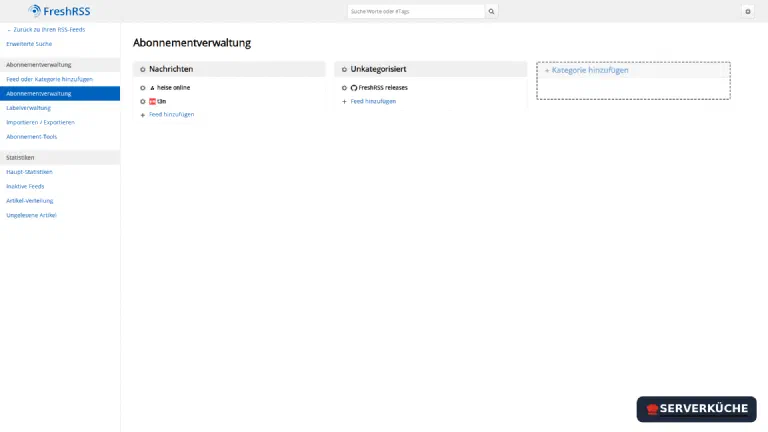 Die FreshRSS-Abonnementverwaltung mit Feeds in den Kategorien Nachrichten und Unkategorisiert