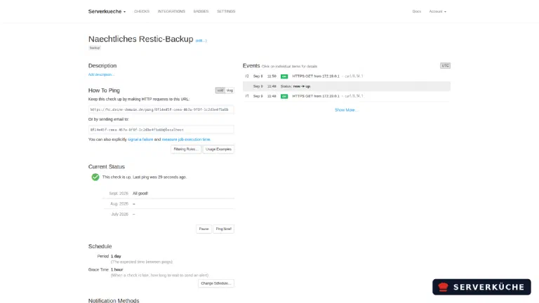 Die Detailseite eines Checks mit Ping-URL, aktuellem Status „up“ und Ereignisprotokoll