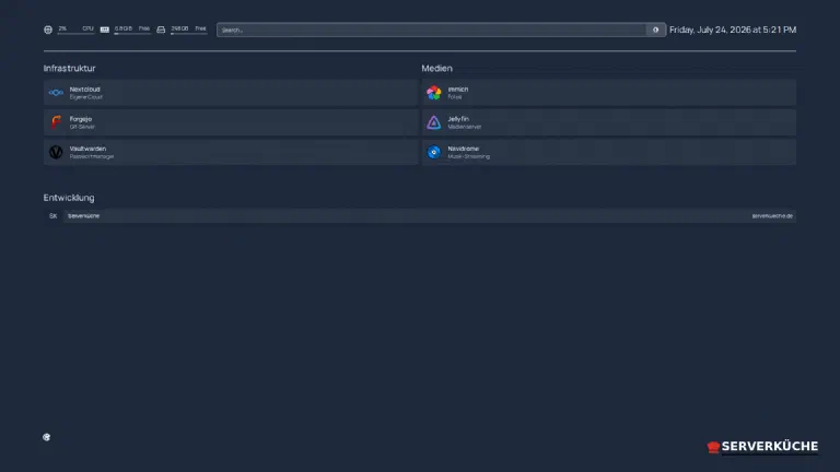 Das fertige Dashboard – Dienste-Kacheln, CPU/RAM/Disk und Suche auf einer Seite Das Homepage-Dashboard mit Gruppen für Infrastruktur und Medien, Ressourcen-Widgets und Suchfeld