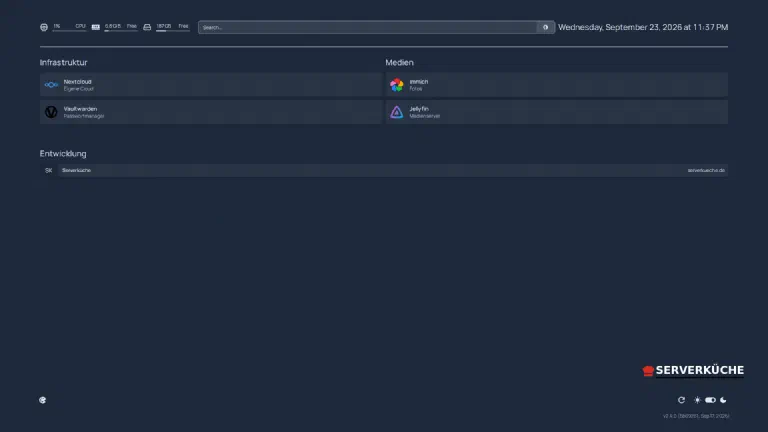Das fertige Dashboard – Dienste-Kacheln, CPU/RAM/Disk und Suche auf einer Seite Das Homepage-Dashboard mit Gruppen für Infrastruktur und Medien, Ressourcen-Widgets und Suchfeld