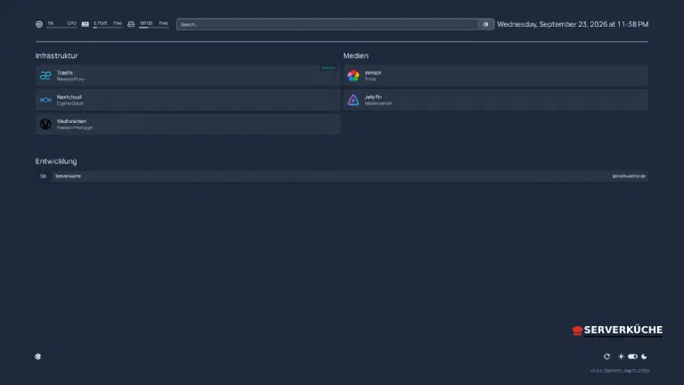Live-Status: die Traefik-Kachel meldet direkt aus dem Docker-Socket „RUNNING“ Das Dashboard mit einer Traefik-Kachel, die live den Status RUNNING aus Docker anzeigt