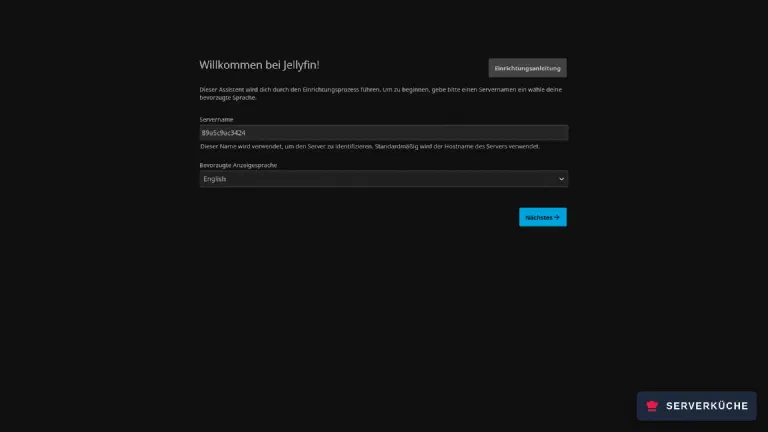 Der Einrichtungsassistent beim ersten Aufruf Der Jellyfin-Einrichtungsassistent beim ersten Aufruf mit Feldern für Servername und bevorzugte Anzeigesprache