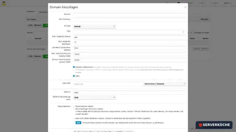 Der Dialog zum Hinzufügen einer Mail-Domain in mailcow.