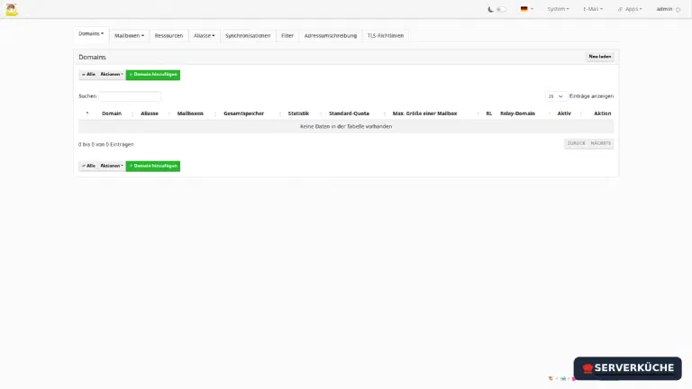 Die Mail-Setup-Oberfläche von mailcow mit den Reitern für Domains und Mailboxen.