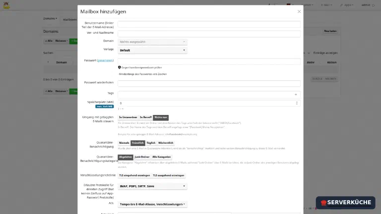 Der Dialog zum Anlegen eines neuen Postfachs in mailcow.