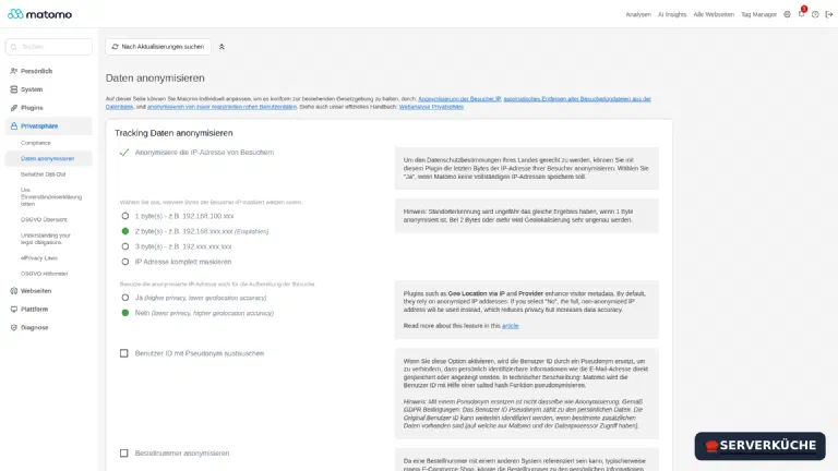 Matomo-Seite „Daten anonymisieren" mit aktivierter IP-Anonymisierung und der Auswahl der maskierten Bytes