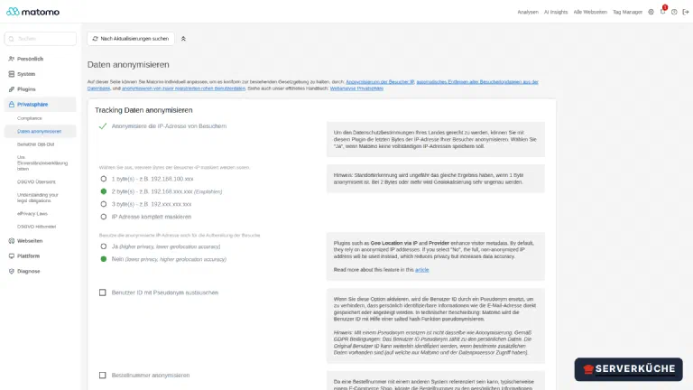 Privatsphäre → Daten anonymisieren: die IP-Anonymisierung steht bereits auf zwei Bytes Matomo-Seite „Daten anonymisieren" mit aktivierter IP-Anonymisierung und der Auswahl der maskierten Bytes