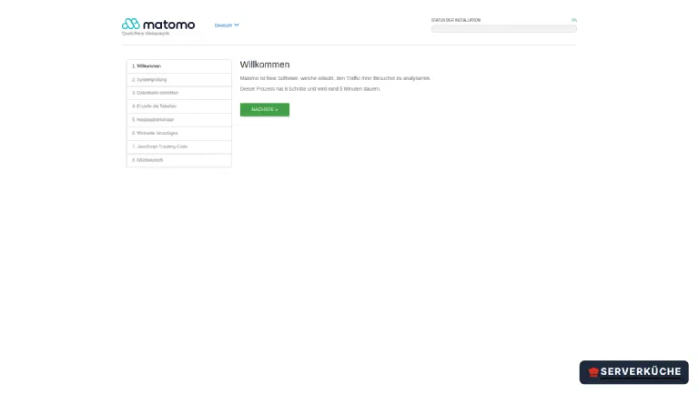 Der Web-Installer von Matomo 5.13 – acht Schritte bis zum fertigen Dashboard Matomo-Installationsassistent im Browser, Willkommensseite mit der Schrittliste von „1. Willkommen" bis „8. Glückwunsch"