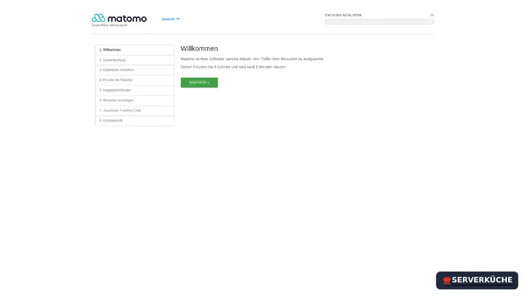 Matomo-Installationsassistent im Browser, Willkommensseite mit der Schrittliste von „1. Willkommen" bis „8. Glückwunsch"