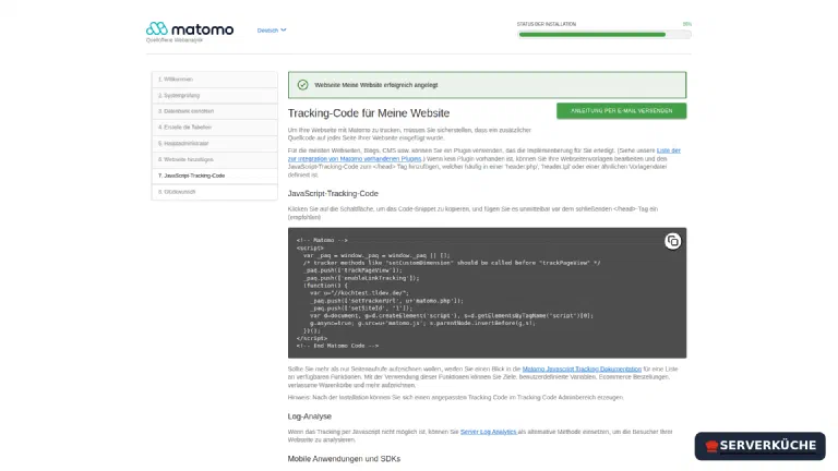 Matomo-Installer zeigt den fertigen JavaScript-Tracking-Code zum Kopieren an