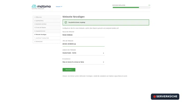 Formular „Webseite hinzufügen" im Matomo-Installer mit den Feldern für Name, Adresse und Zeitzone der Website