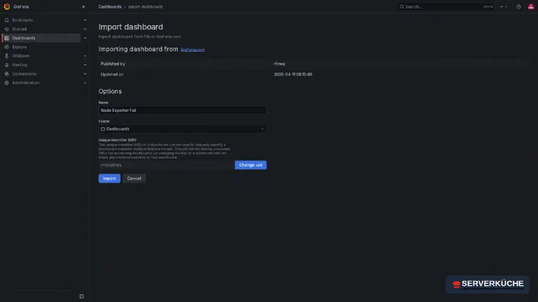 Der Grafana-Import-Dialog lädt das Dashboard „Node Exporter Full" von Grafana.com