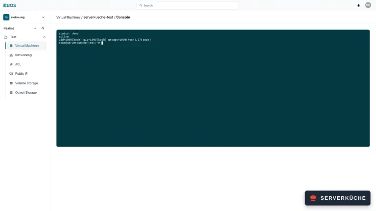 Open Console: eine Root-Shell im Browser, ohne Anmeldung Die Web-Konsole von eos zeigt eine Root-Shell mit erfolgreichem Cloud-Init, aktivem SSH-Dienst und dem angelegten Benutzer