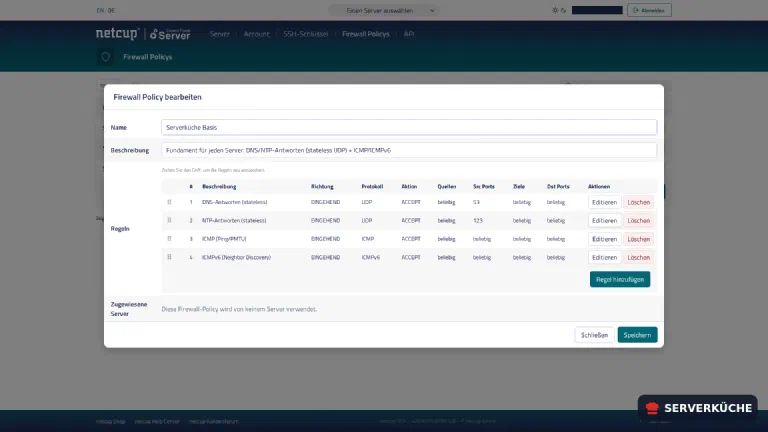 Das Basis-Template: DNS/NTP-Antworten kommen über den Quell-Port 53/123 herein Das Basis-Template im netcup SCP mit vier eingehenden ACCEPT-Regeln: DNS und NTP über den Quell-Port, dazu ICMP und ICMPv6