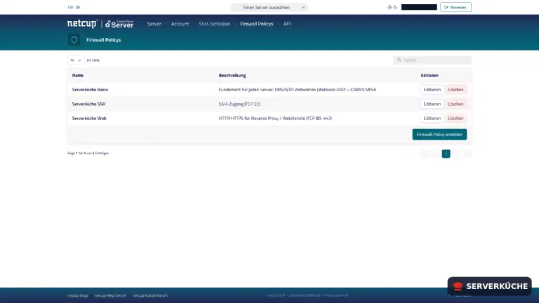 Drei kleine, wiederverwendbare Bausteine statt eines Monolithen Die drei komponierbaren Firewall-Templates in der netcup-SCP-Übersicht: Basis, SSH und Web