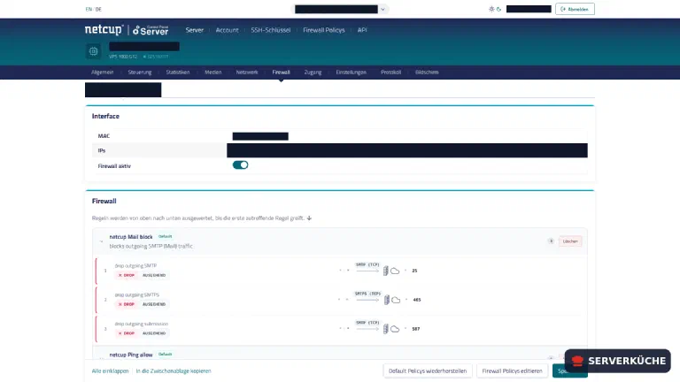 Firewall aktiv – Regeln werden von oben nach unten ausgewertet, erste Übereinstimmung greift Der Firewall-Reiter des Servers mit aktiver Firewall und den zugewiesenen Regeln