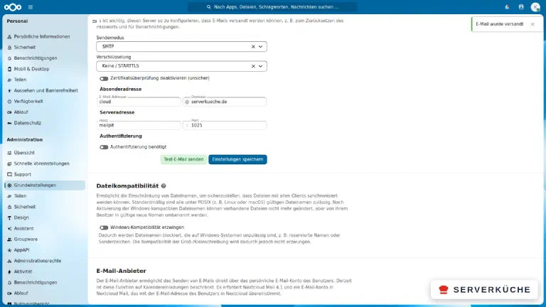 Der E-Mail-Server ist mit SMTP konfiguriert, ein Test-Versand wird oben rechts mit „E-Mail wurde versandt" bestätigt