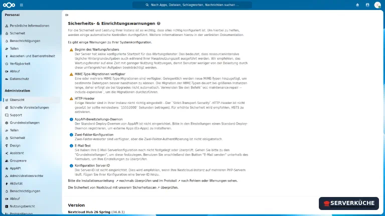 Ausgangslage: drei Warnungen und mehrere Hinweise in der Admin-Übersicht Die Nextcloud-Admin-Übersicht listet mehrere gelbe Warnungen zu Wartungsfenster, MIME-Type-Migrationen und HTTP-Headern auf