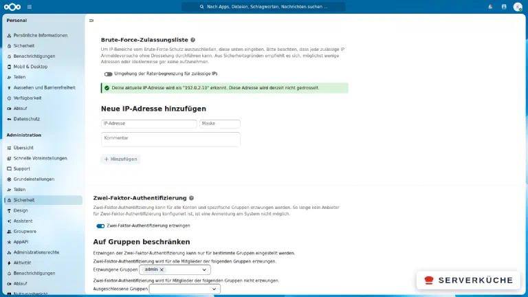 Die Sicherheits-Einstellungen zeigen die erzwungene Zwei-Faktor-Authentifizierung für die Gruppe „admin“ sowie den Brute-Force-Status mit korrekt erkannter Client-IP