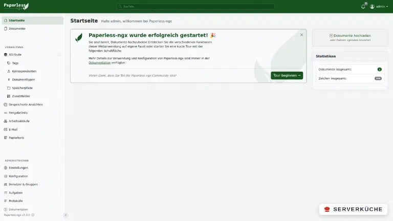 Die Startseite von Paperless-ngx mit Willkommensmeldung und Statistik-Widget