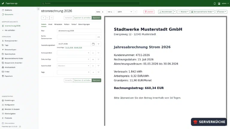 Detailansicht: OCR hat Text und Datum erkannt, Metadaten lassen sich ergänzen Die Detailansicht eines Dokuments in Paperless-ngx mit Metadaten links und dem erkannten Dokument rechts