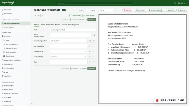 Die Detailansicht eines Dokuments in Paperless-ngx mit Metadaten links und dem erkannten Dokument rechts