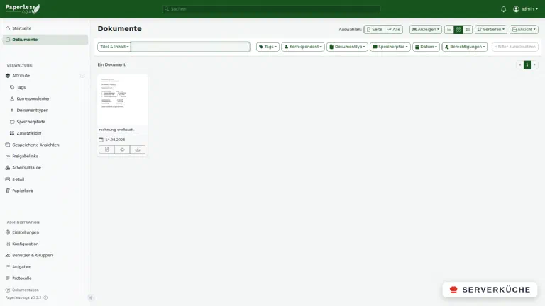 Die Dokumentenliste von Paperless-ngx mit einem verarbeiteten Dokument als Kachel