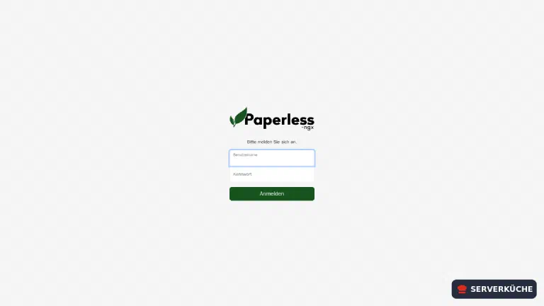 Die Anmeldung – Superuser wurde per Umgebungsvariable angelegt Die Anmeldeseite von Paperless-ngx unter der eigenen Domain