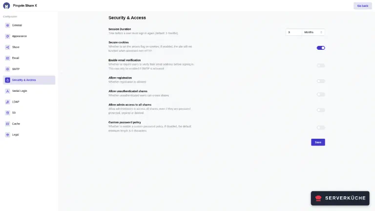 Die Einstellungsseite „Security & Access“ von Pingvin Share X mit eingeschalteten Secure cookies und abgeschalteter Registrierung.