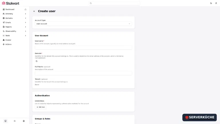 Ein neues Postfach anlegen. Das Formular zum Anlegen eines neuen Postfachs in Stalwart.