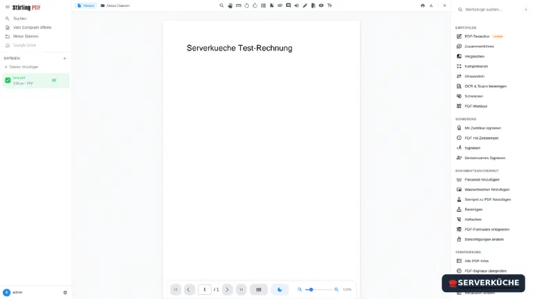 Eine geladene PDF im Viewer – rechts wählst du das Werkzeug, das darauf angewendet wird Eine geladene PDF im Stirling-PDF-Viewer mit Seitennavigation und dem Werkzeugkatalog daneben