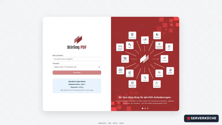 Der Login schützt den Werkzeugkasten – standardmäßig aktiv in Stirling-PDF v2 Die Anmeldeseite von Stirling-PDF mit Feldern für Benutzername und Passwort