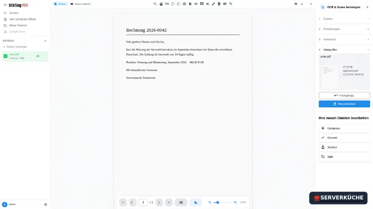 Die OCR-Ergebnisansicht von Stirling-PDF mit Vorschau, Größe und Download-Schaltfläche