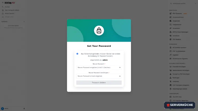 Der Dialog „Set Your Password" mit Feldern für neues Passwort und Bestätigung