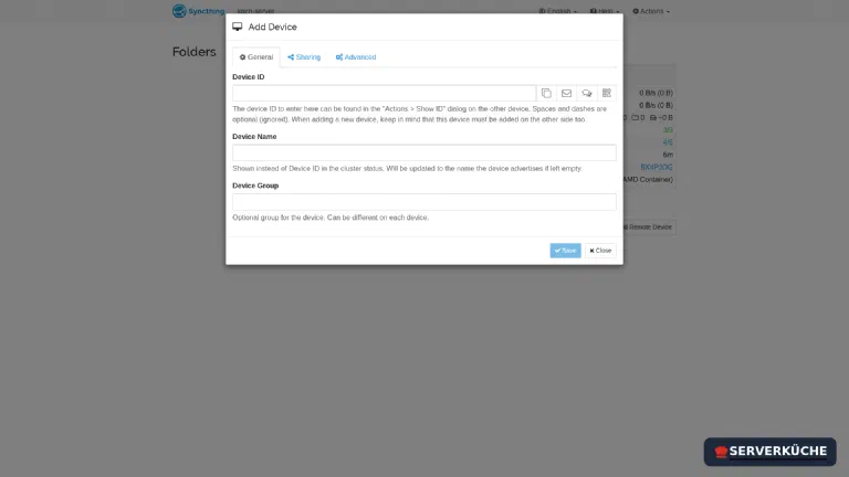 Der „Add Device“-Dialog mit Feldern für Geräte-ID, Name und Gruppe