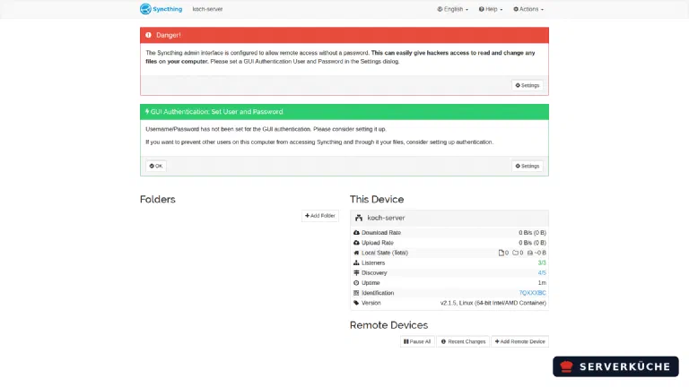 Die Syncthing-Weboberfläche mit dem eigenen Gerät koch-server, Version v2.1.5 und der Geräte-ID