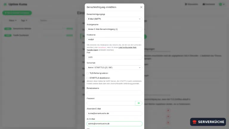 E-Mail-Benachrichtigung (SMTP) einrichten Die E-Mail-Benachrichtigung (SMTP) in Uptime Kuma: Hostname, Port, Sicherheit und Absenderadresse